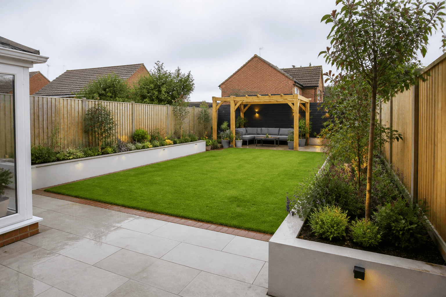 Complete Groundsix garden: porcelain patio, new lawn, fencing, planting and oak pergola