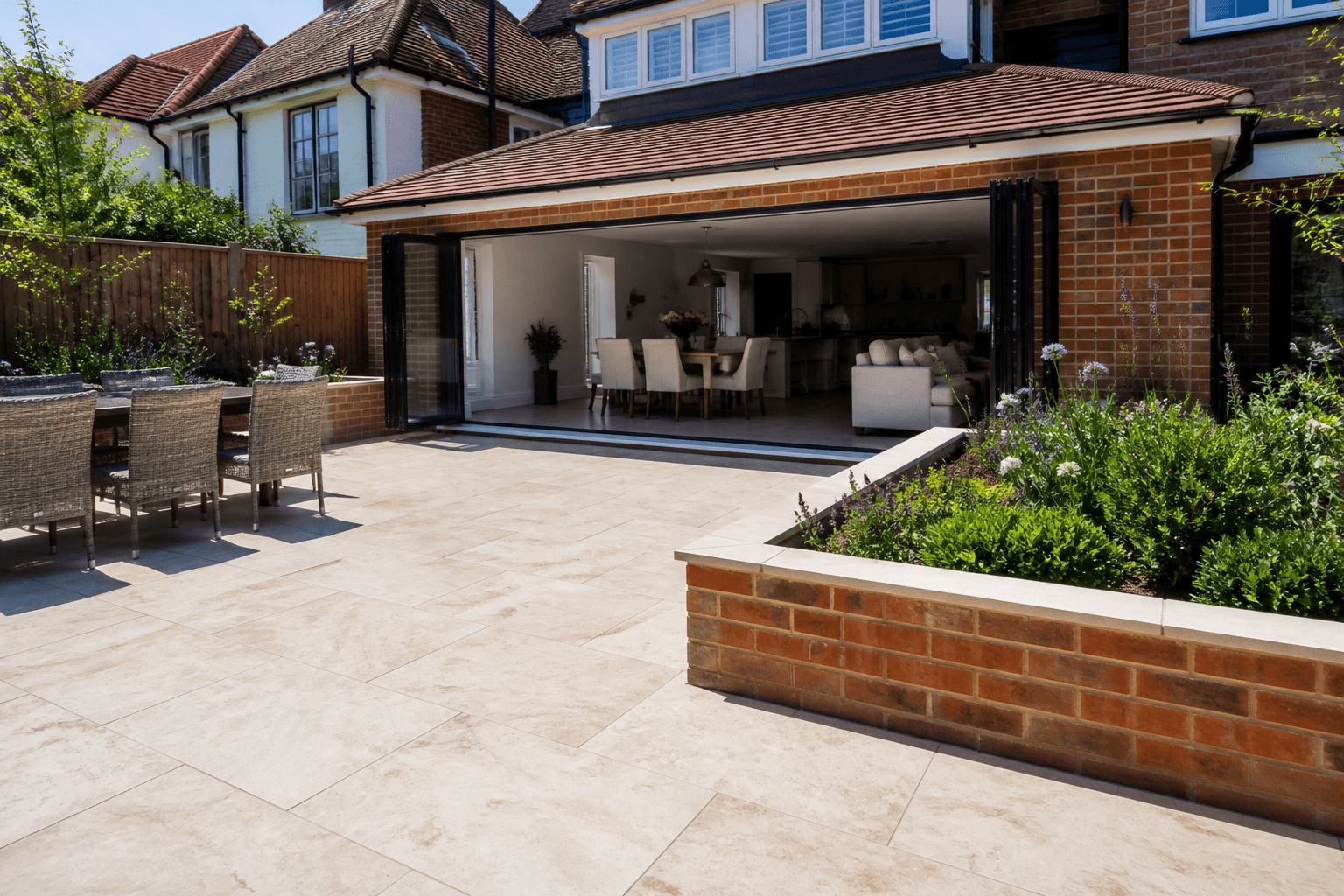 Limestone Patio & Brick Planters
