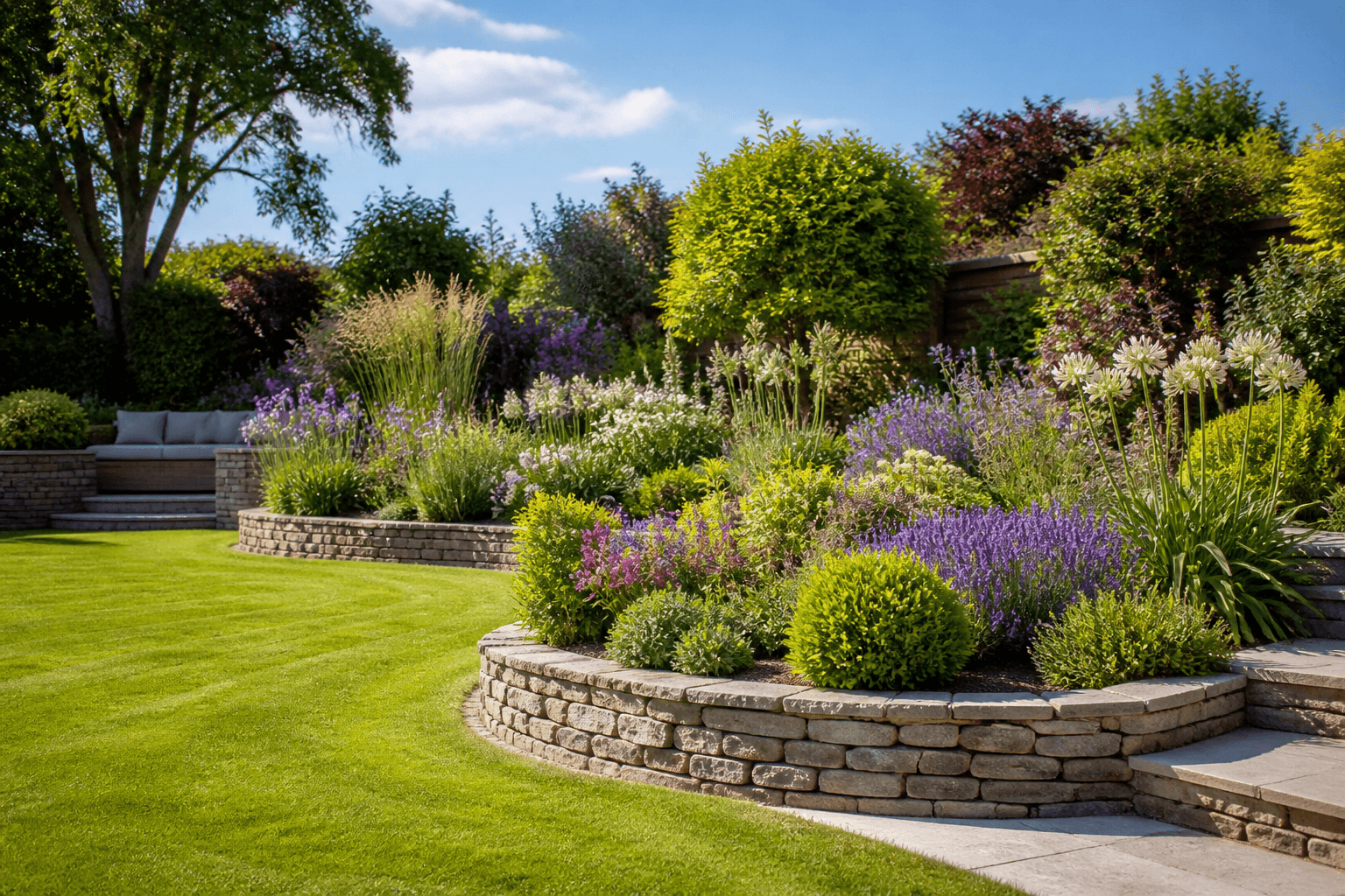 Raised flower beds with mixed planting