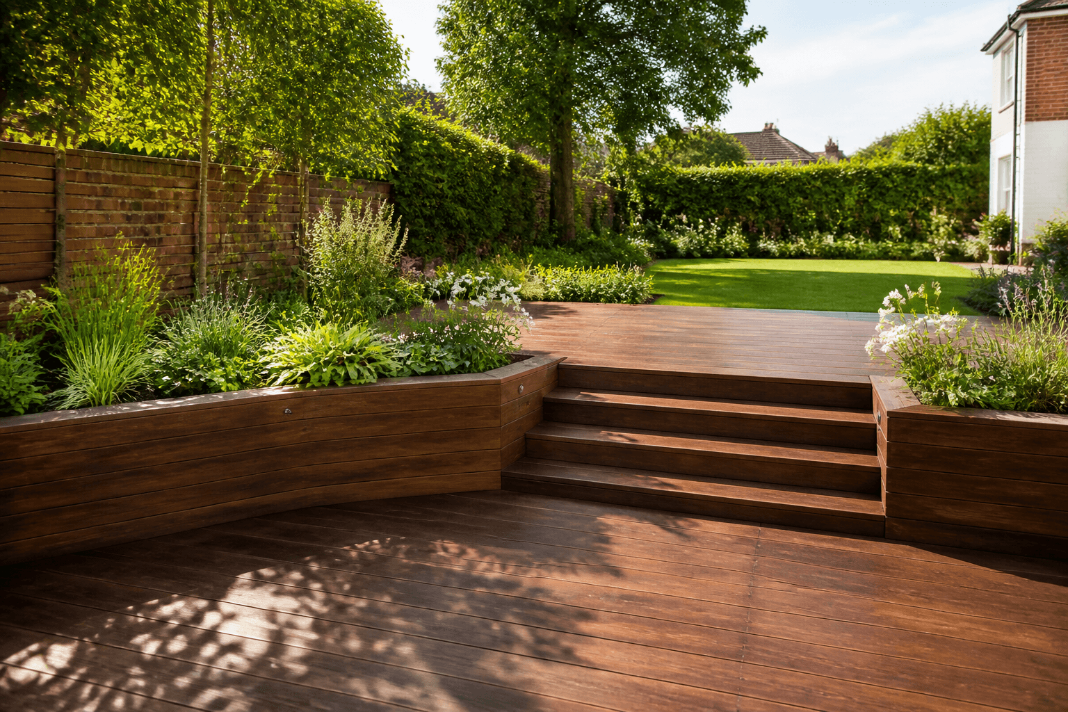 Rich oak timber decking with garden steps