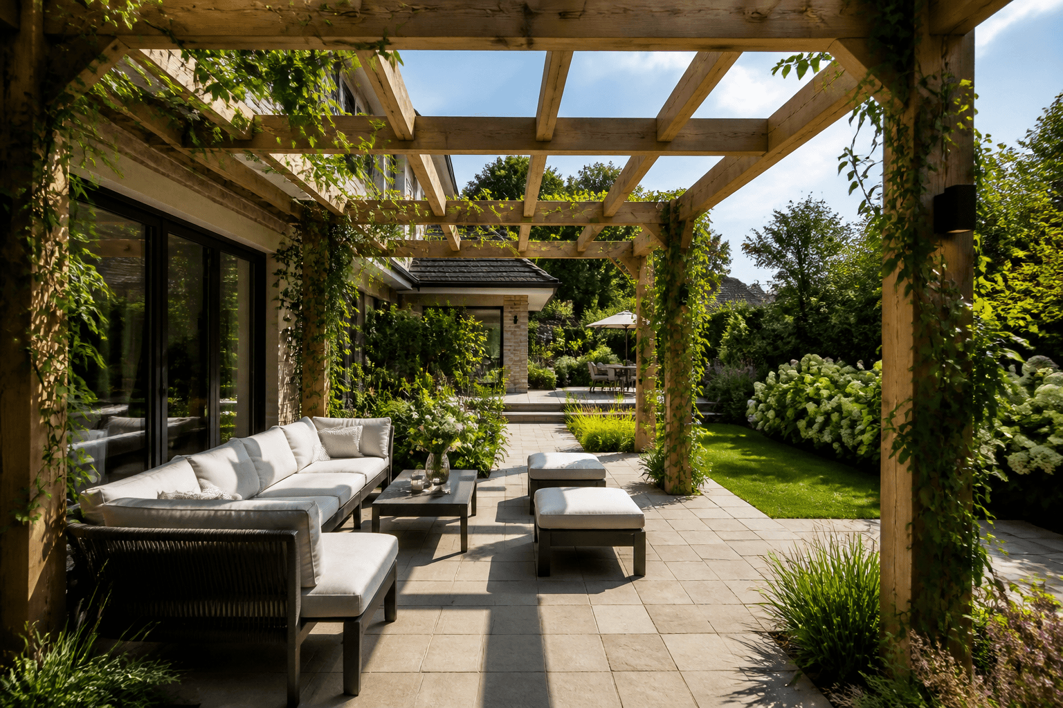 Timber pergola structure over a garden patio