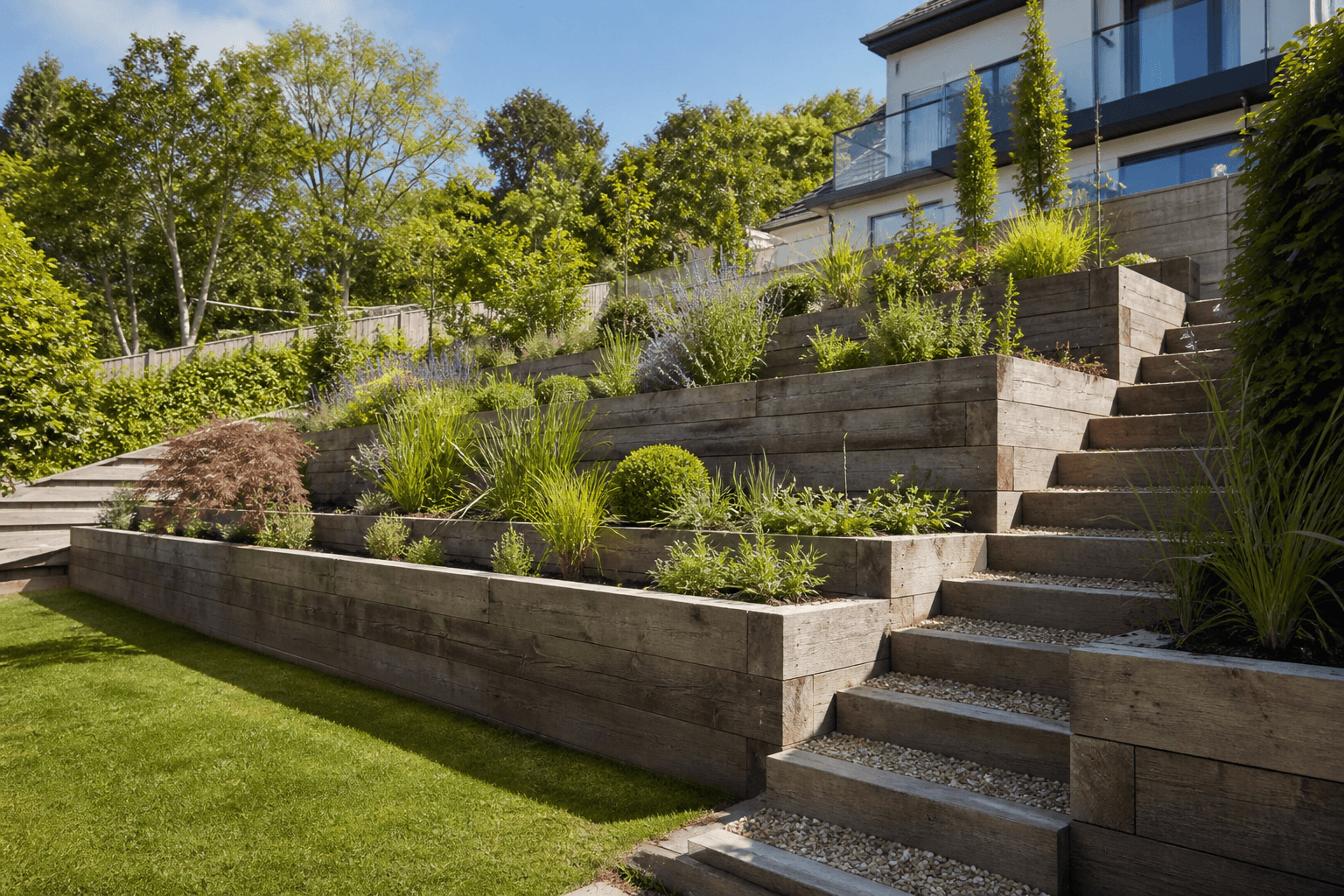 Timber sleeper retaining walls on a sloped garden