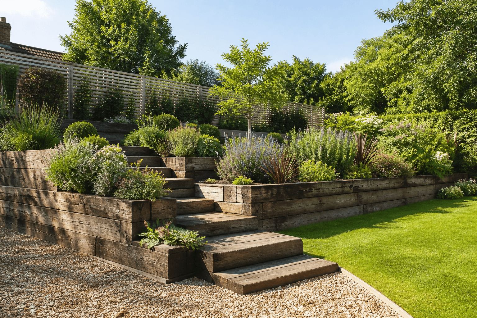 Railway sleeper raised beds and garden features