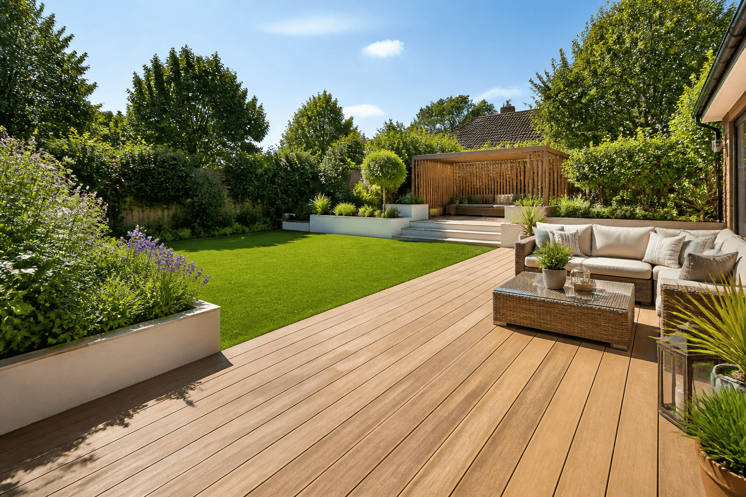 Soft oak timber decking in a sunny garden