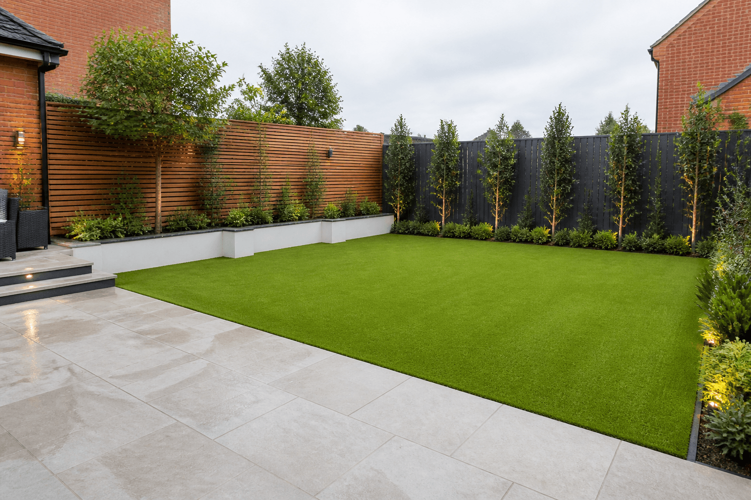 Artificial grass lawn with neat edging in a modern garden