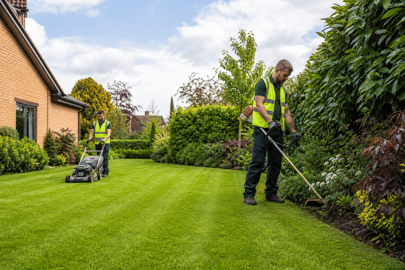 Groundsix team mowing and edging a lawn during aftercare visit