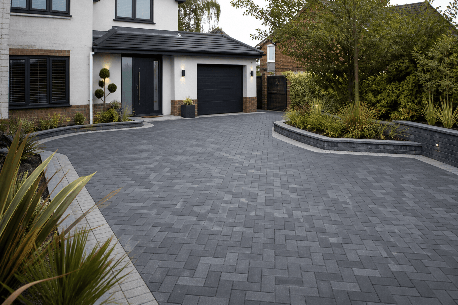 Herringbone block paving driveway with contrasting border