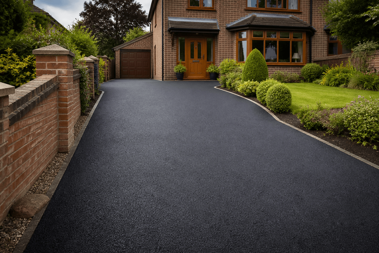 Freshly laid black tarmac driveway