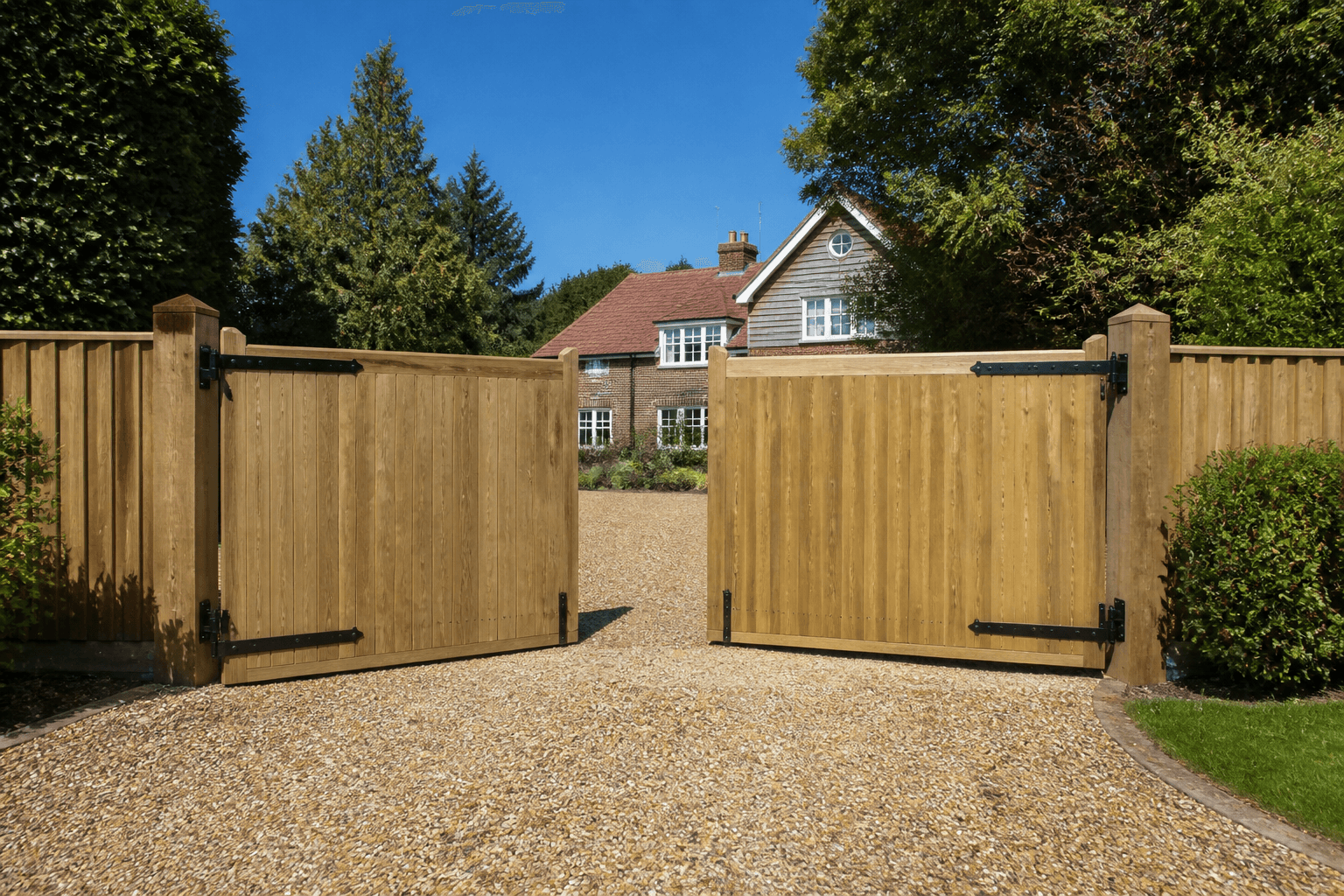 Double timber driveway gates opening onto a gravel drive
