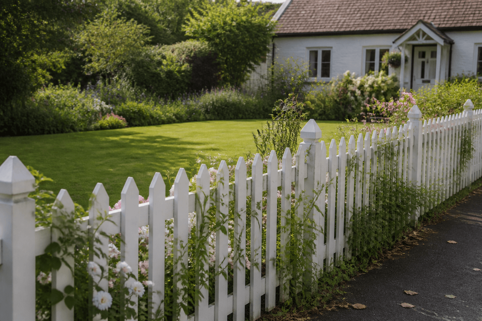 White picket fencing in a cottage garden