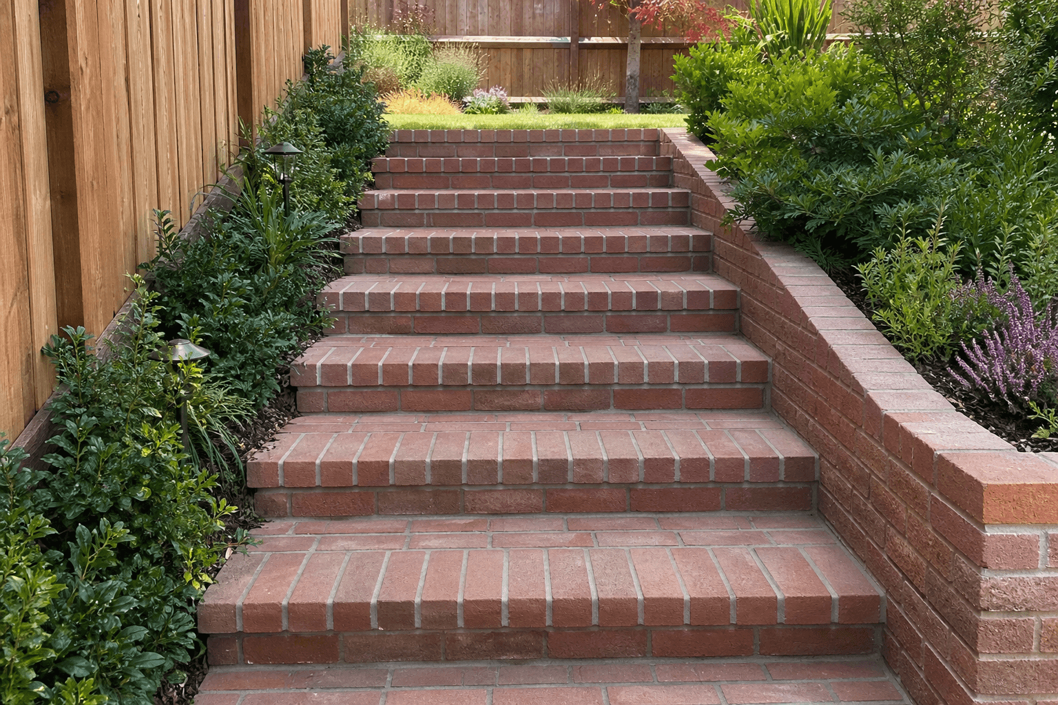 Garden steps built from red engineering brickwork