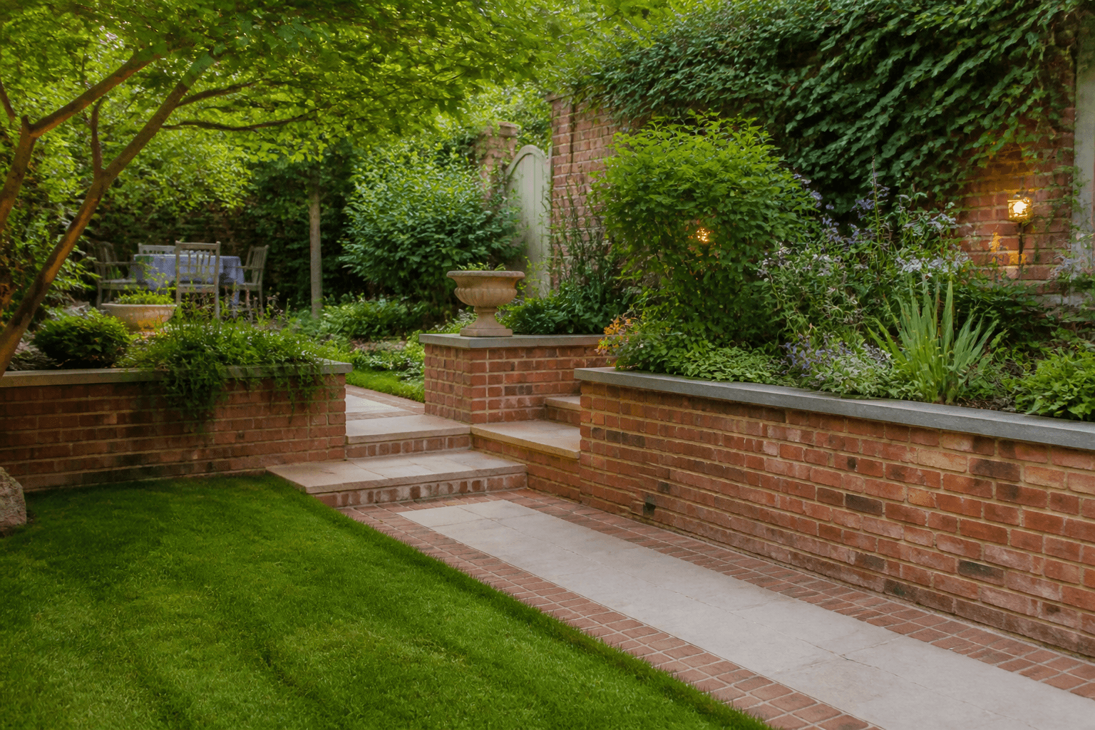 Small garden with red brick retaining walls and raised planters