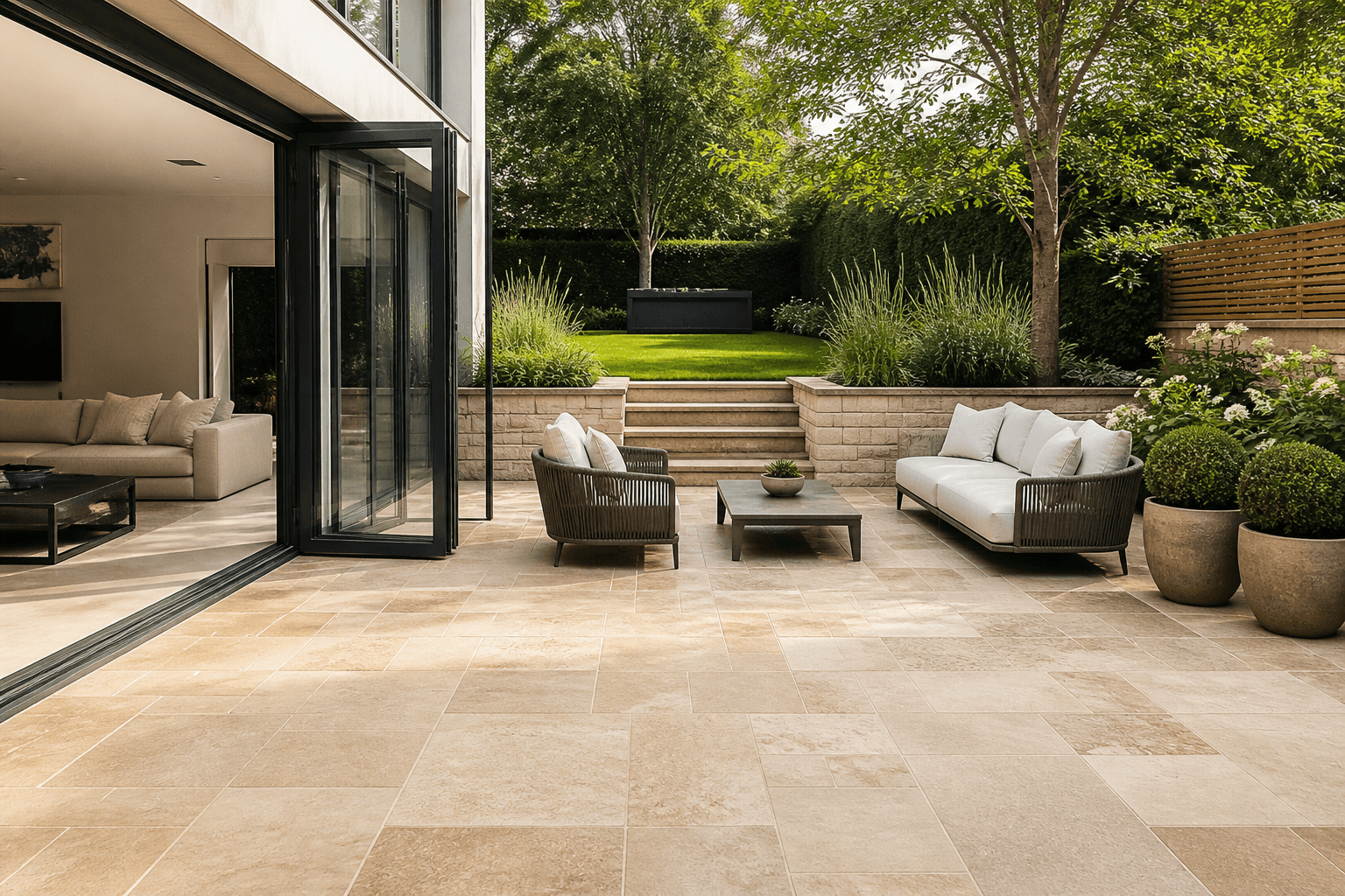 Elegant limestone patio with seamless indoor-outdoor flow