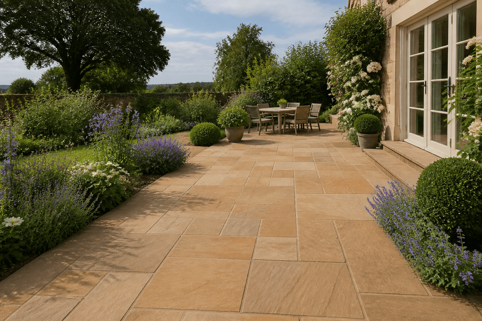 Natural sandstone patio in a traditional English garden