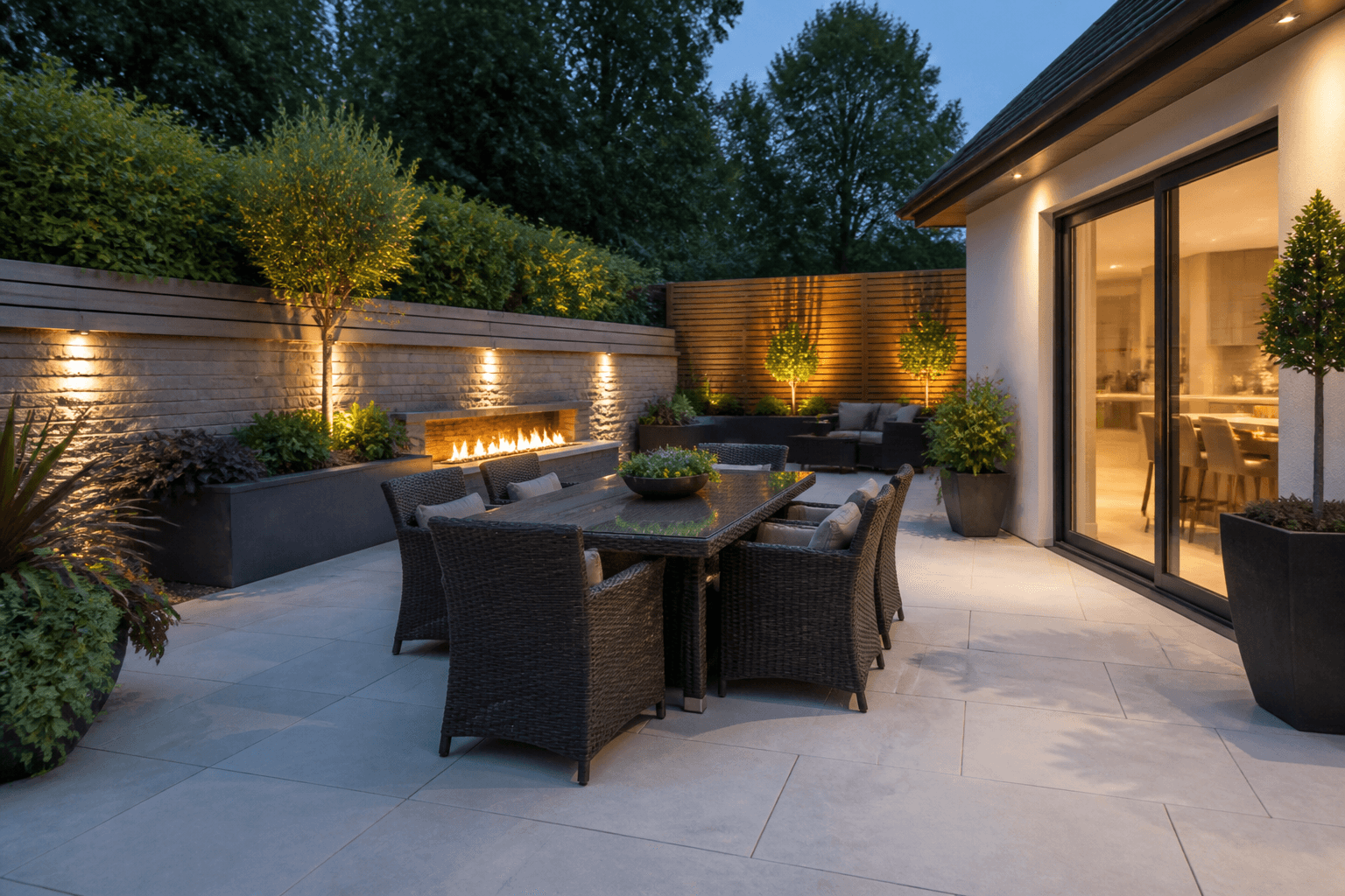 Contemporary porcelain patio with outdoor dining area